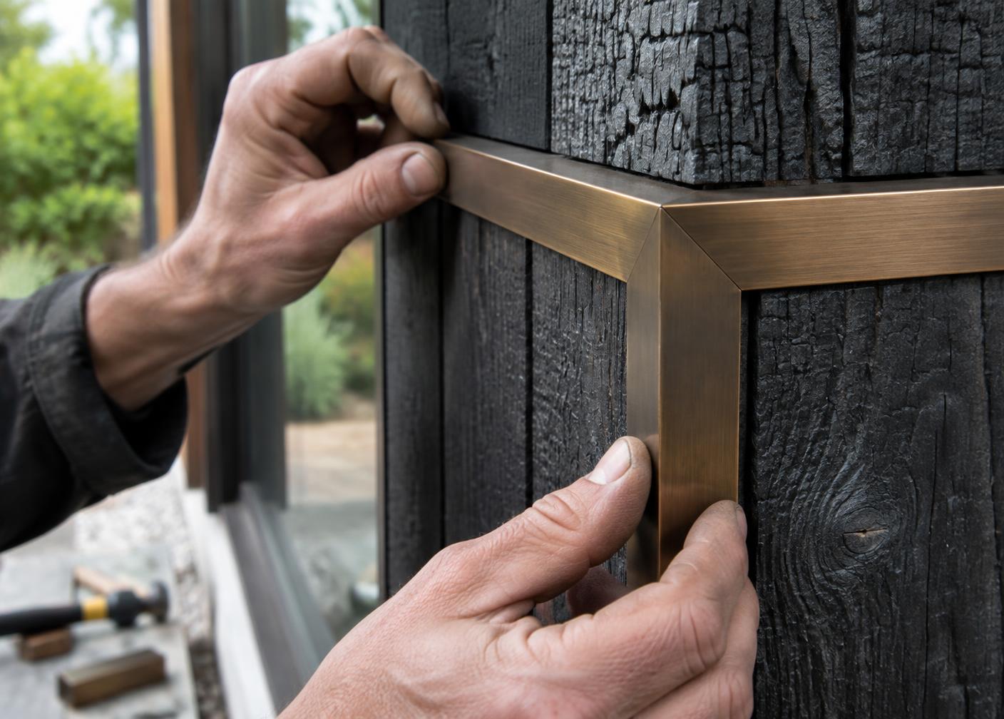 Craftsman fitting bronze trim to charred larch cladding on a garden room