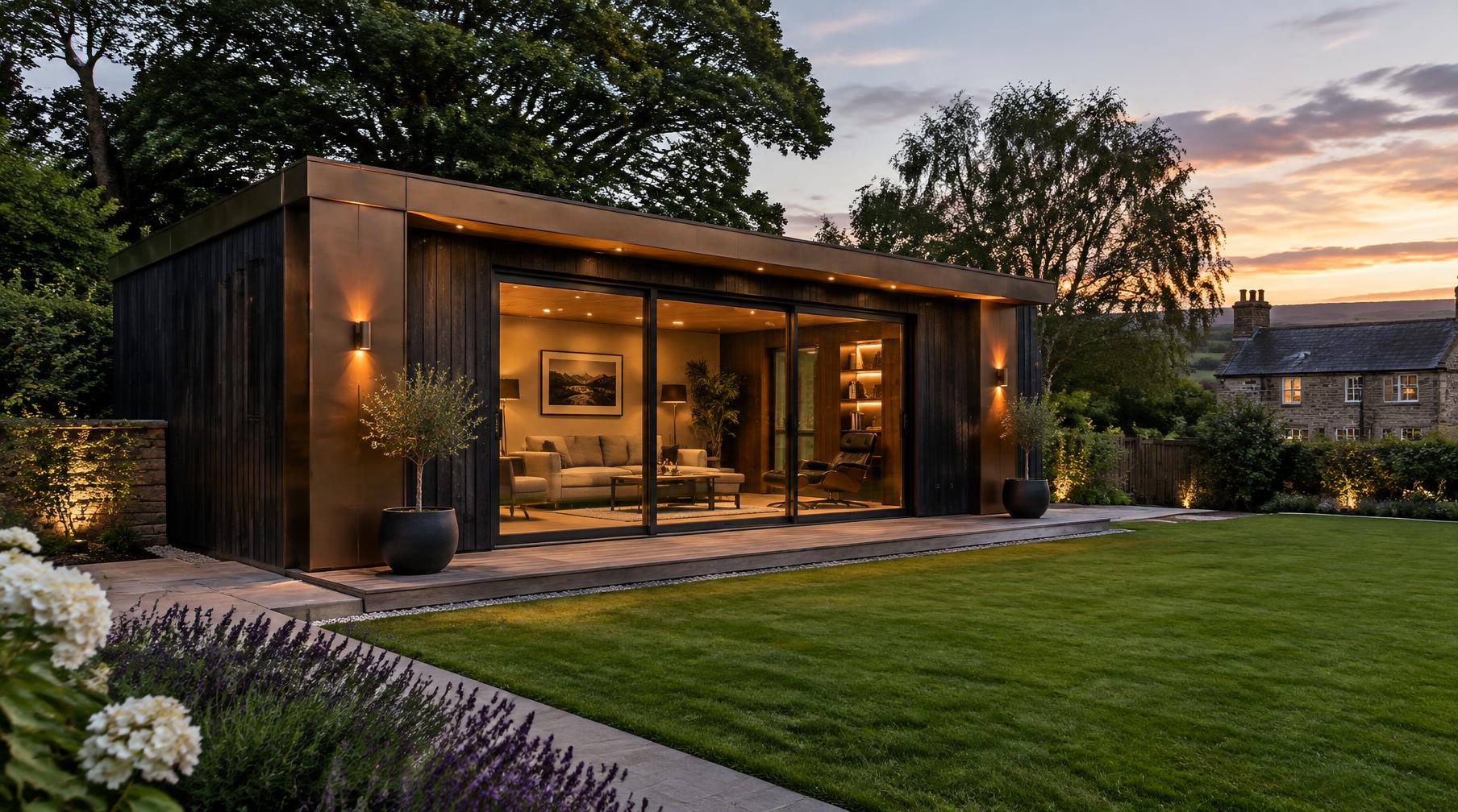 Luxury garden room in a Yorkshire garden at dusk